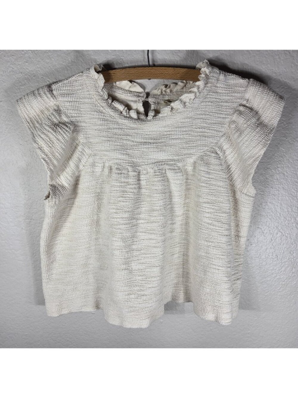 Madewell Textural Knit Ruffle Neck Top Blouse Short Sleeve Size M Ivory Cream